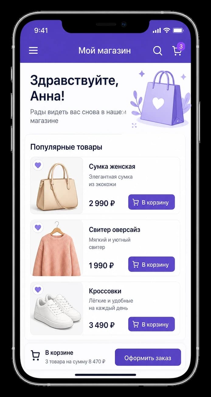 Витрина мини-приложения: каталог товаров, цены и корзина